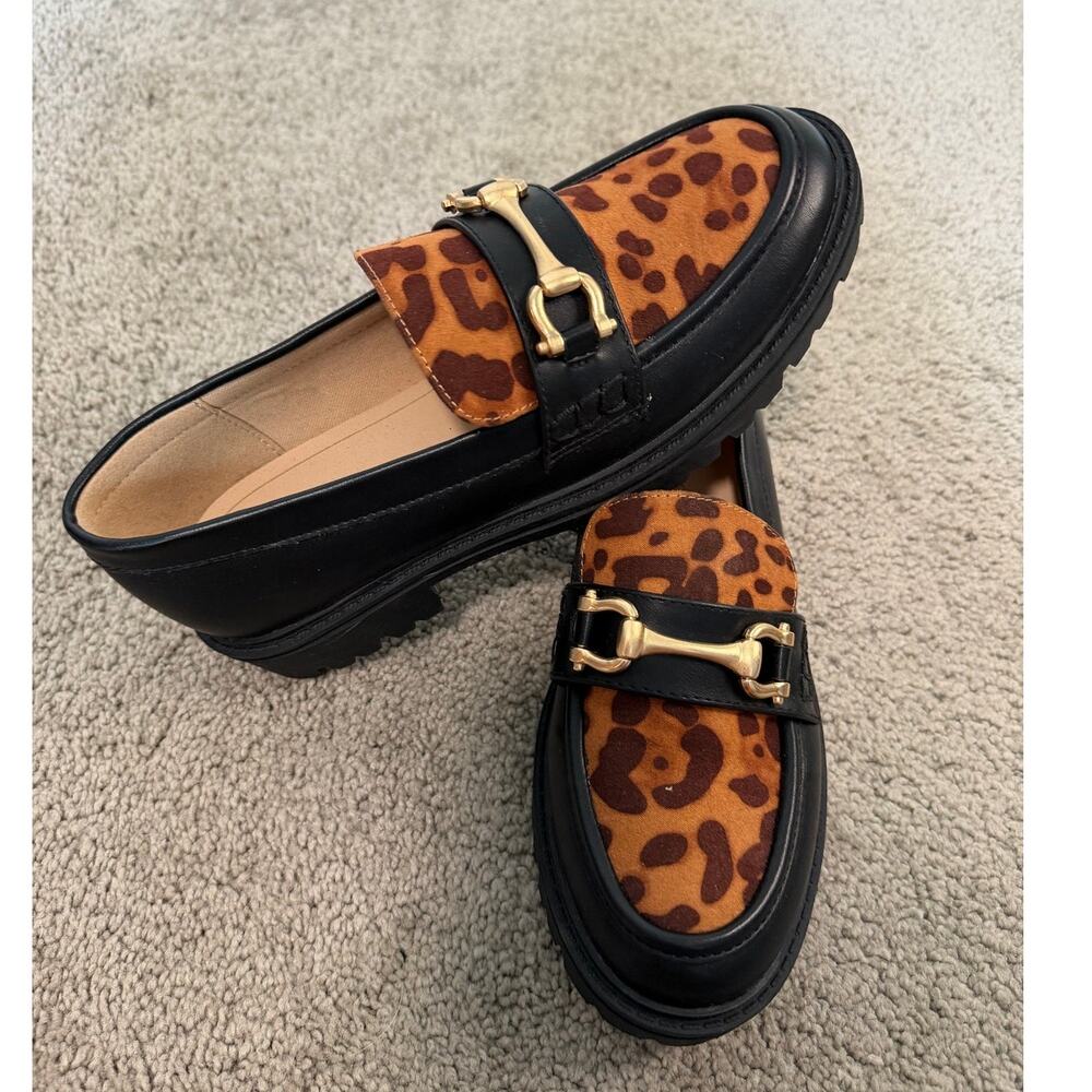 New Journee Collection Jessamey Leopard Black Lug Loafers Women’s Size 6